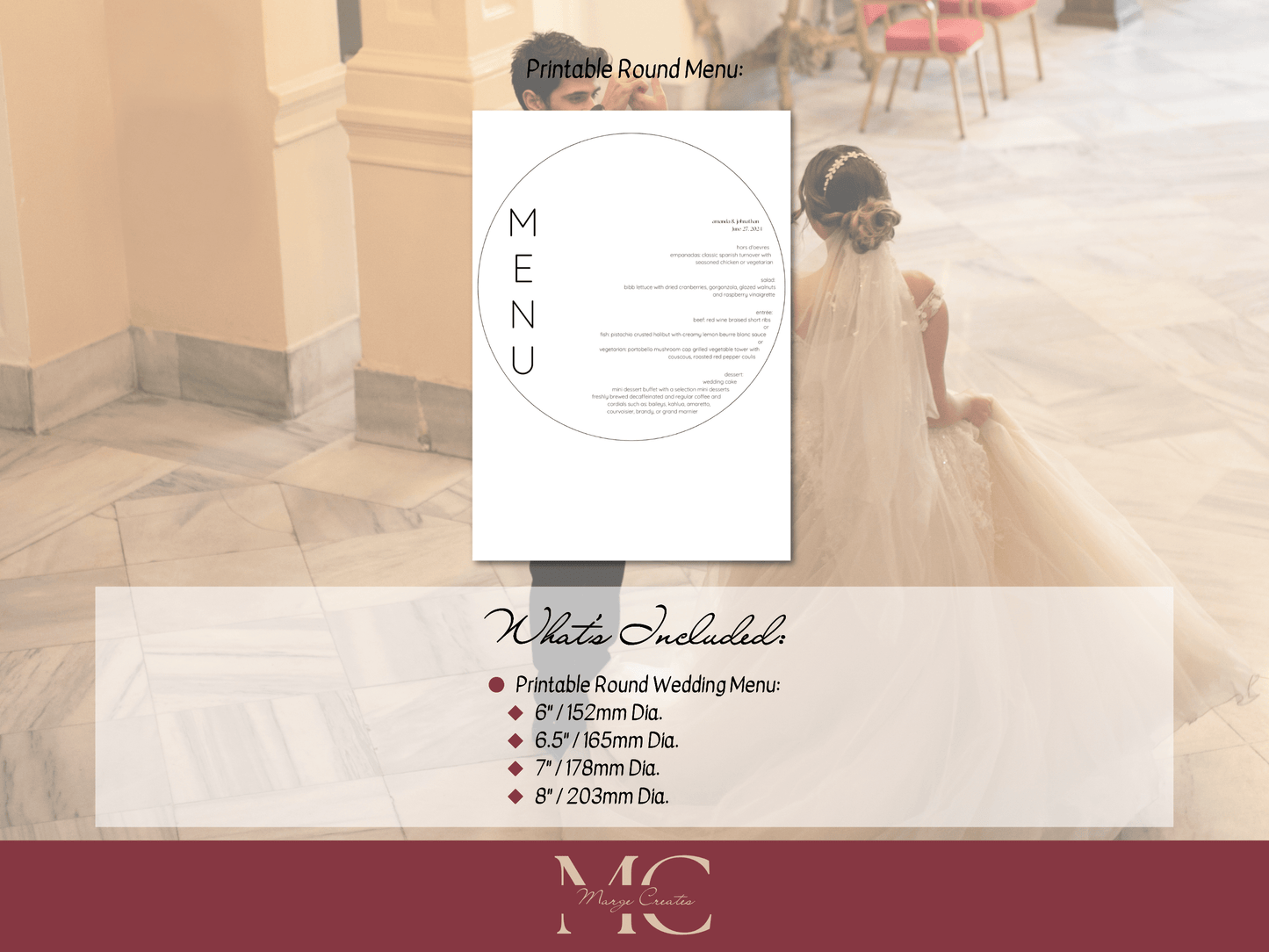 Minimalist Round Wedding Menu Template, Printable Templates