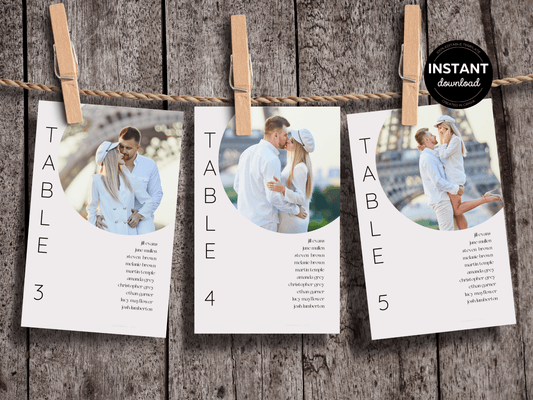 Minimalist Round Photo Wedding Seating Chart Card Template, Printable Templates