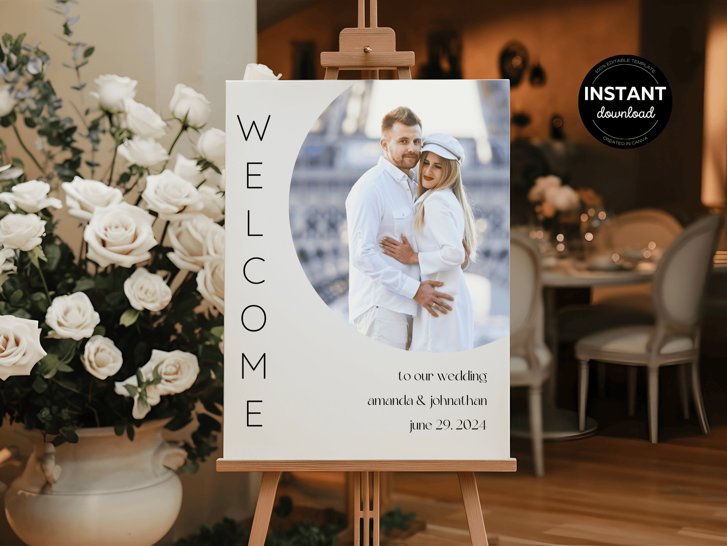 Minimalist Round Photo Wedding Sign Template Bundle, Printable Templates