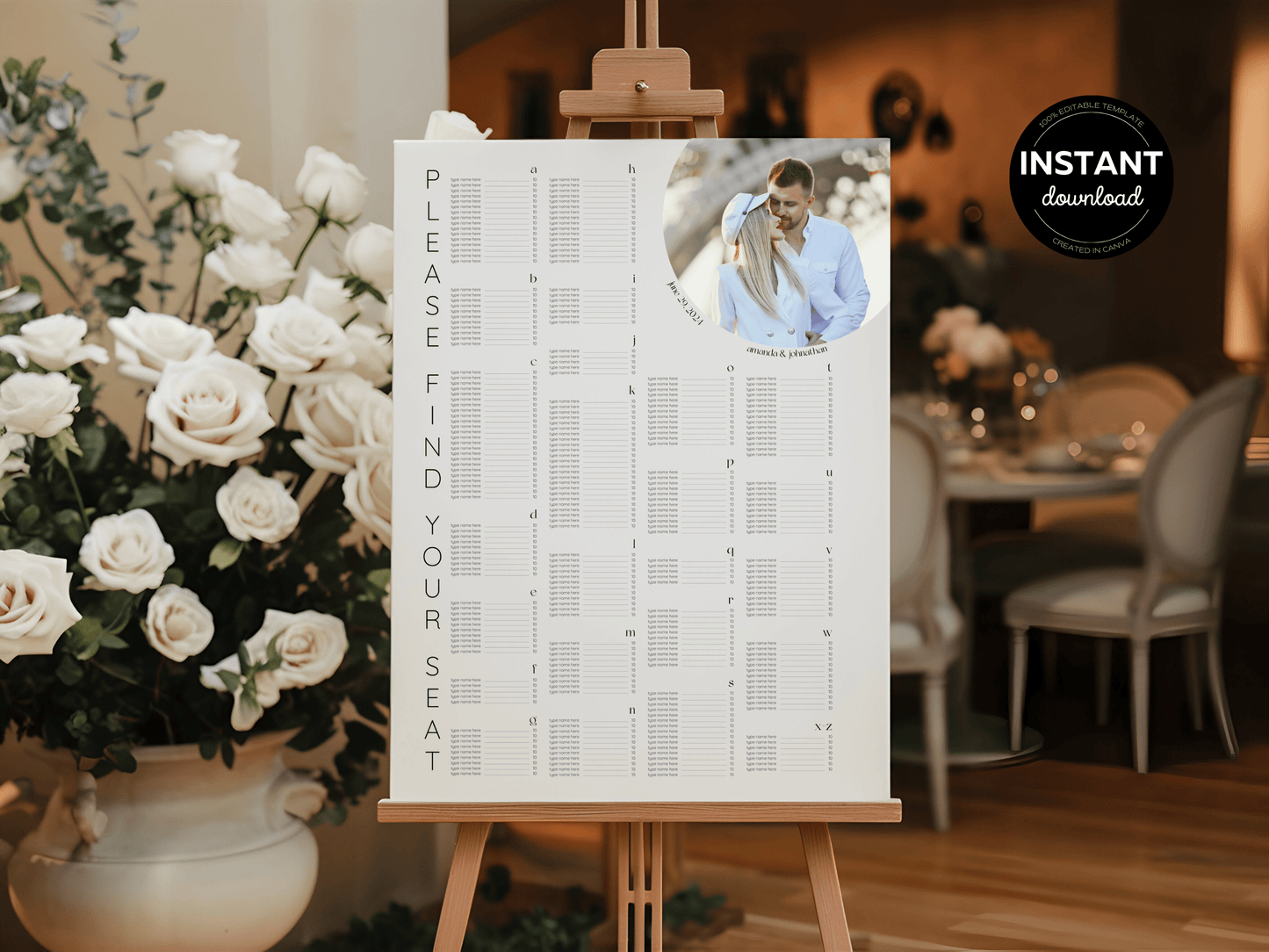 Minimalist Round Photo Wedding Alphabetical Seating Chart Template, Printable Templates