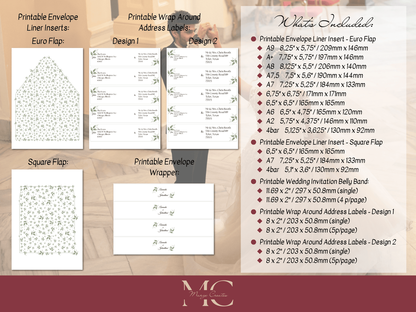 Watercolor Greenery Leaves Wedding Invitation Suite with Envelope Decoration Templates, Envelope Design 4 (WA), Printable Templates