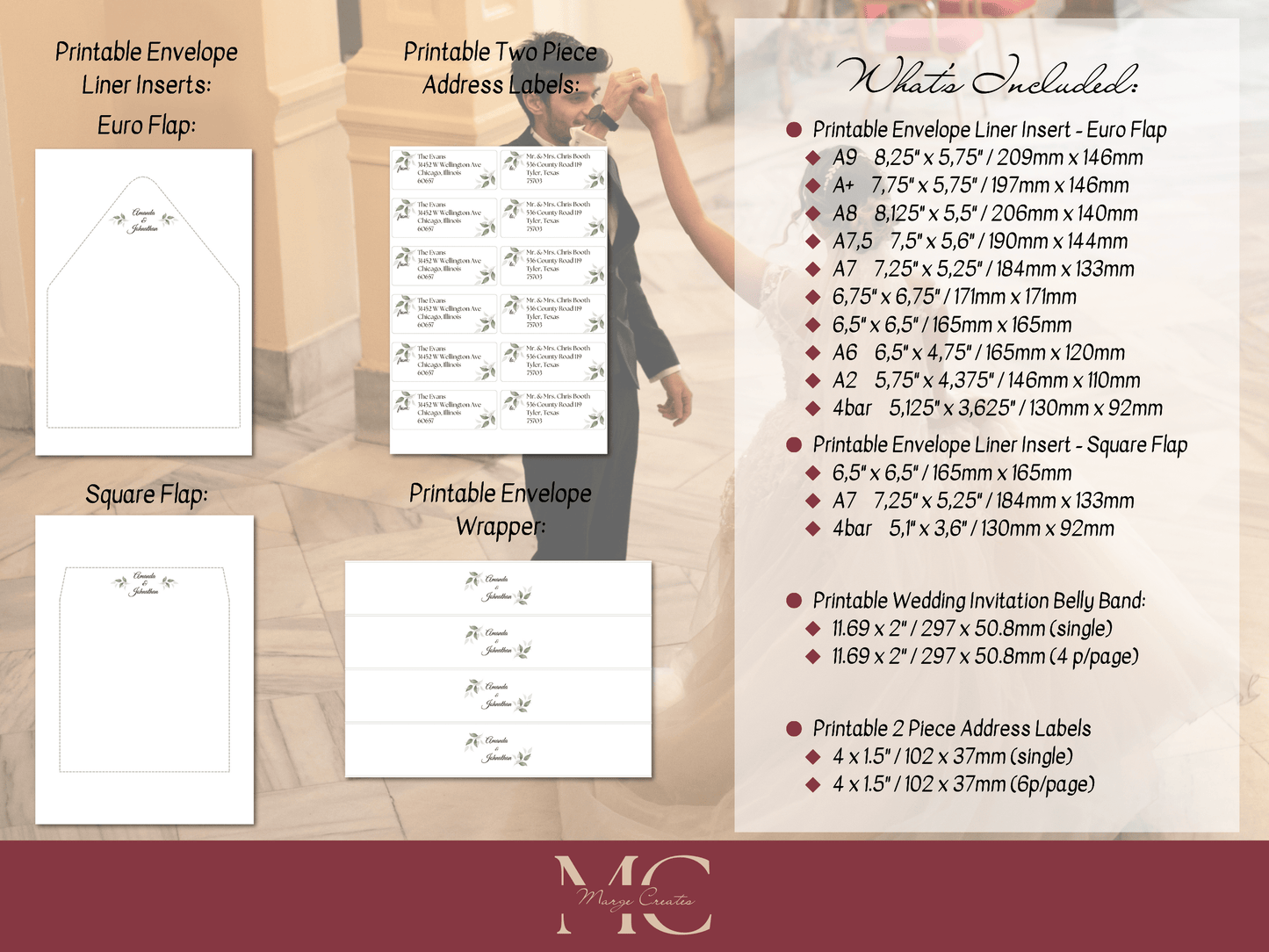 Watercolor Greenery Leaves Wedding Envelope Decoration Template Bundle, Envelope Design 1 (2Pc), Printable Templates