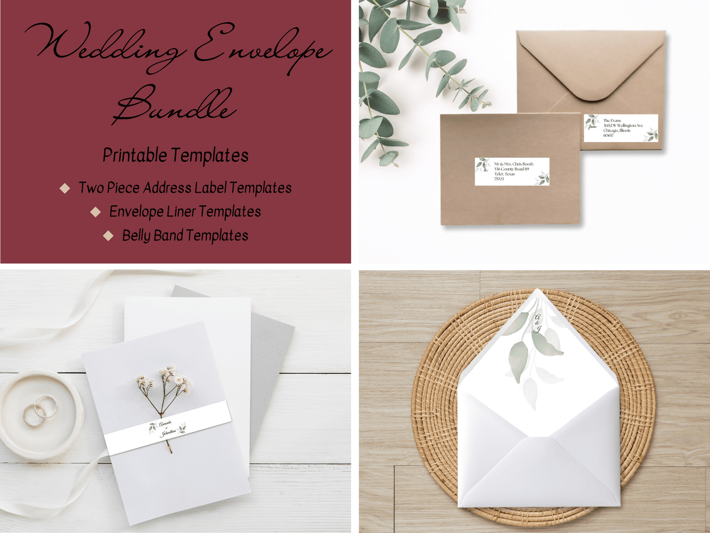 Watercolor Greenery Leaves Wedding Envelope Decoration Template Bundle, Envelope Design 2 (2Pc), Printable Templates