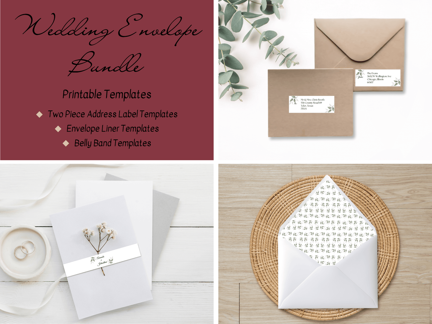 Watercolor Greenery Leaves Wedding Envelope Decoration Template Bundle, Envelope Design 3 (2Pc), Printable Templates