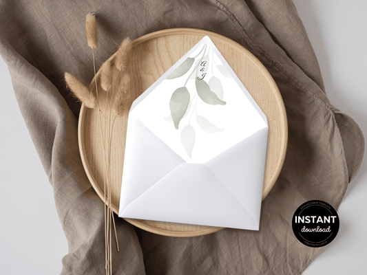 Watercolor Greenery Leaves Wedding Envelope Liner Template, Design 2, Printable Templates