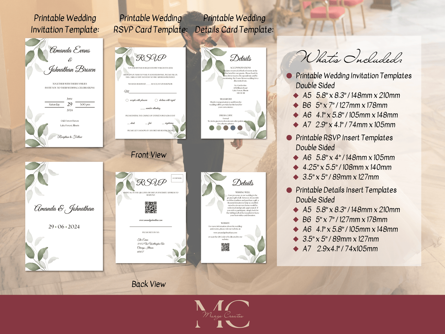 Watercolor Greenery Leaves Wedding Invitation Suite with Envelope Decoration Templates, Envelope Design 1 (WA), Printable Templates
