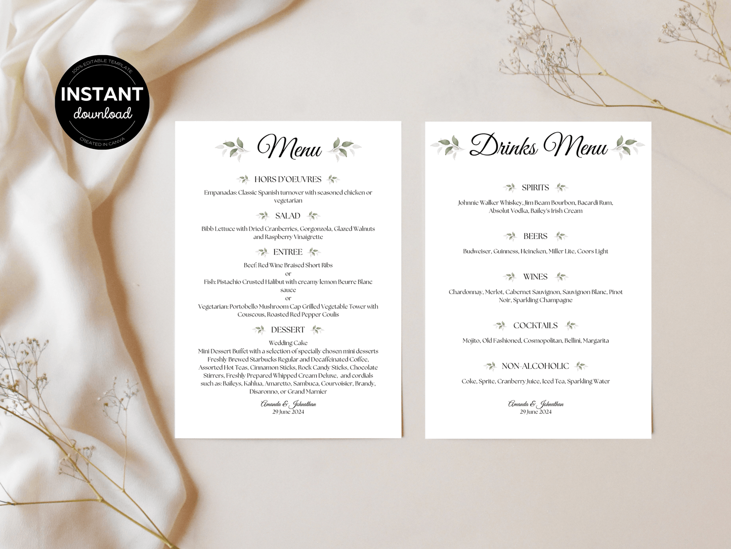 Watercolor Greenery Leaves Wedding Menu & Drinks Menu Templates, Printable Templates