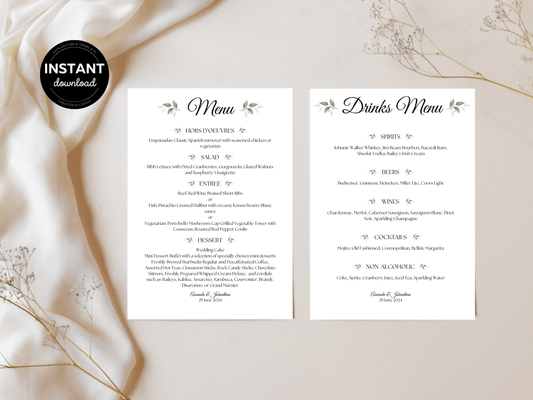 Watercolor Greenery Leaves Wedding Menu & Drinks Menu Templates, Printable Templates