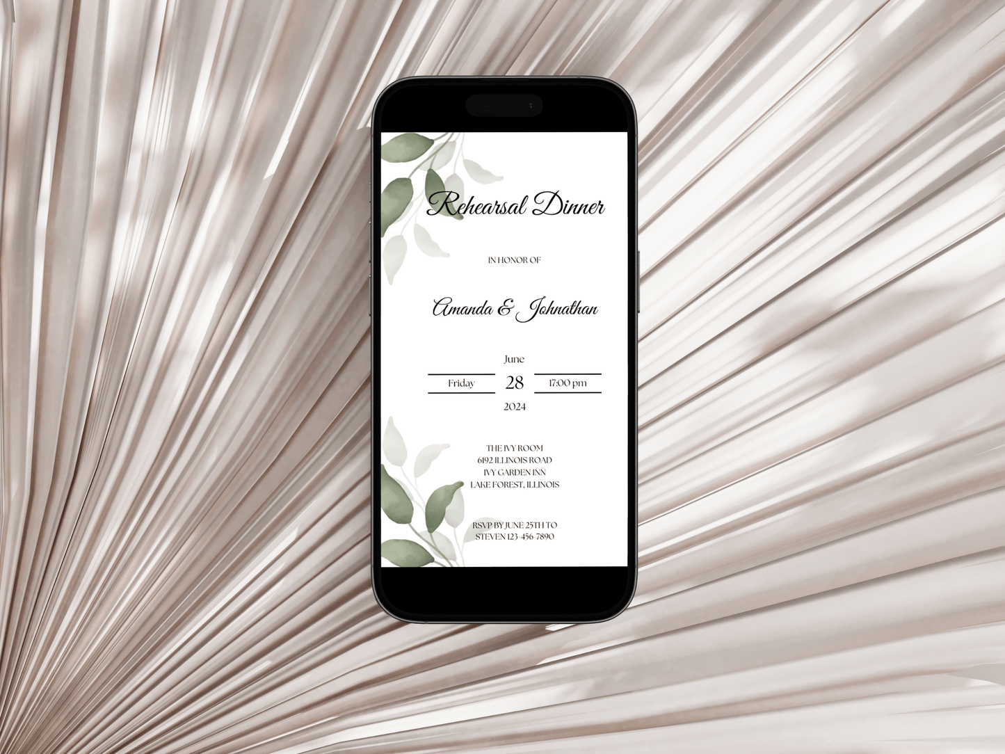 Watercolor Greenery Leaves Wedding Rehearsal Dinner Invitation Templates, Printable & Digital Templates
