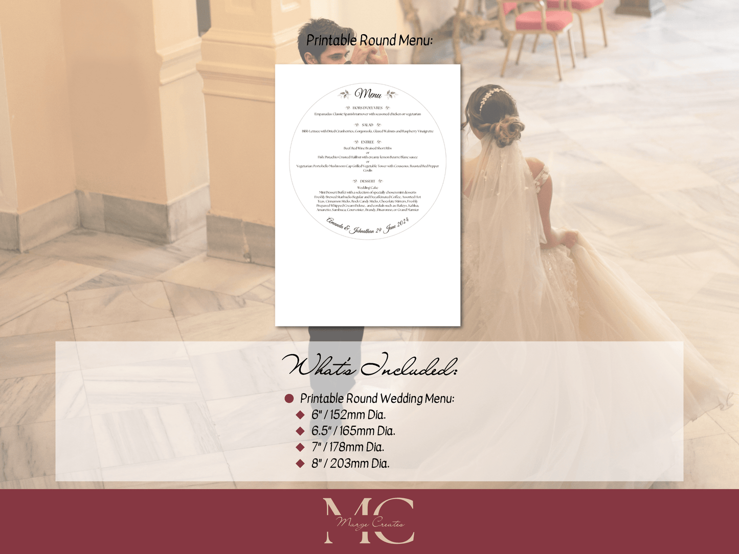 Watercolor Greenery Leaves Round Wedding Menu Template, Printable Templates