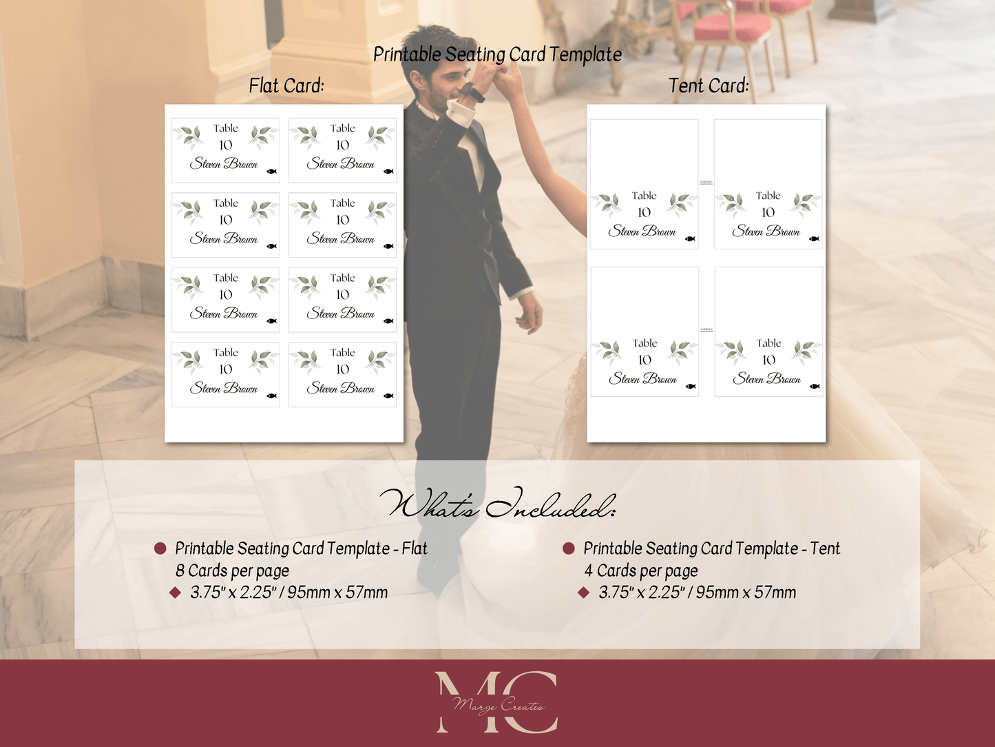 Watercolor Greenery Leaves Wedding Seating Card Templates, Printable Templates