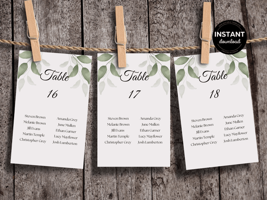 Watercolor Greenery Leaves Wedding Seating Chart Card Templates, Printable Templates