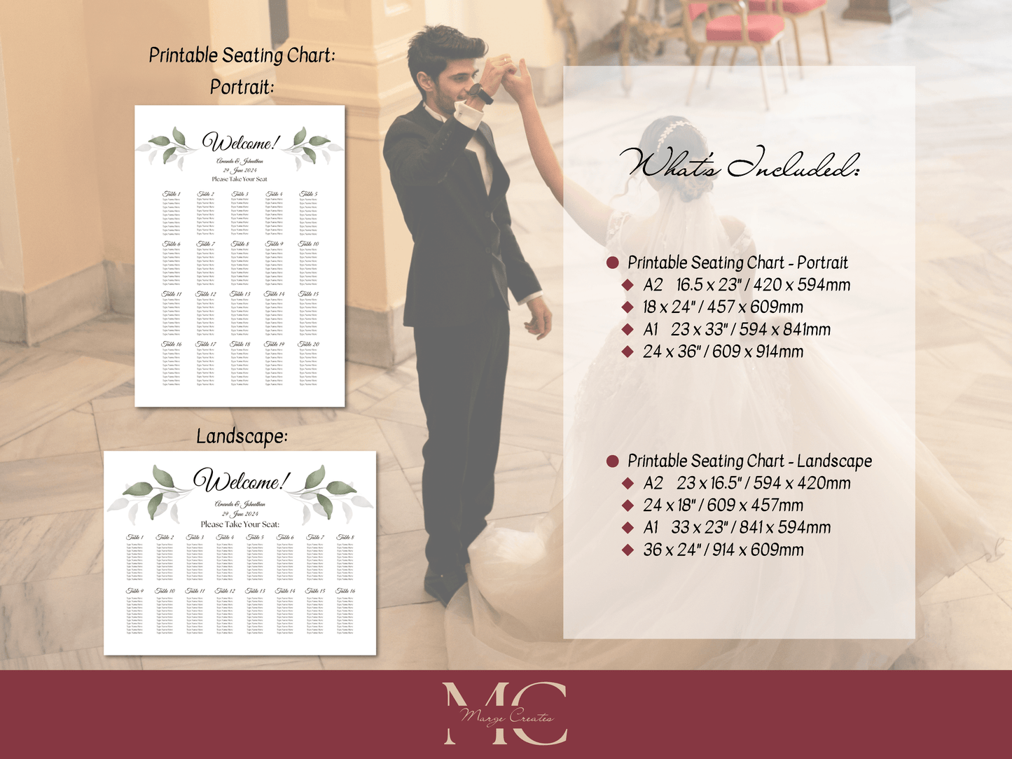 Watercolor Greenery Leaves Wedding Seating Chart Templates, Printable Templates