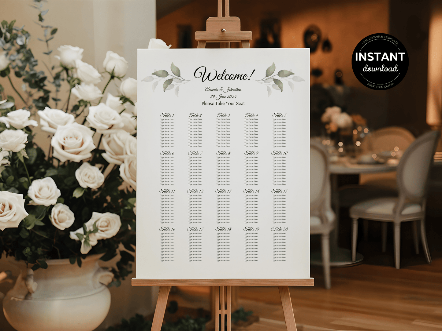 Watercolor Greenery Leaves Wedding Seating Template Bundle with Seating Chart, Printable Templates