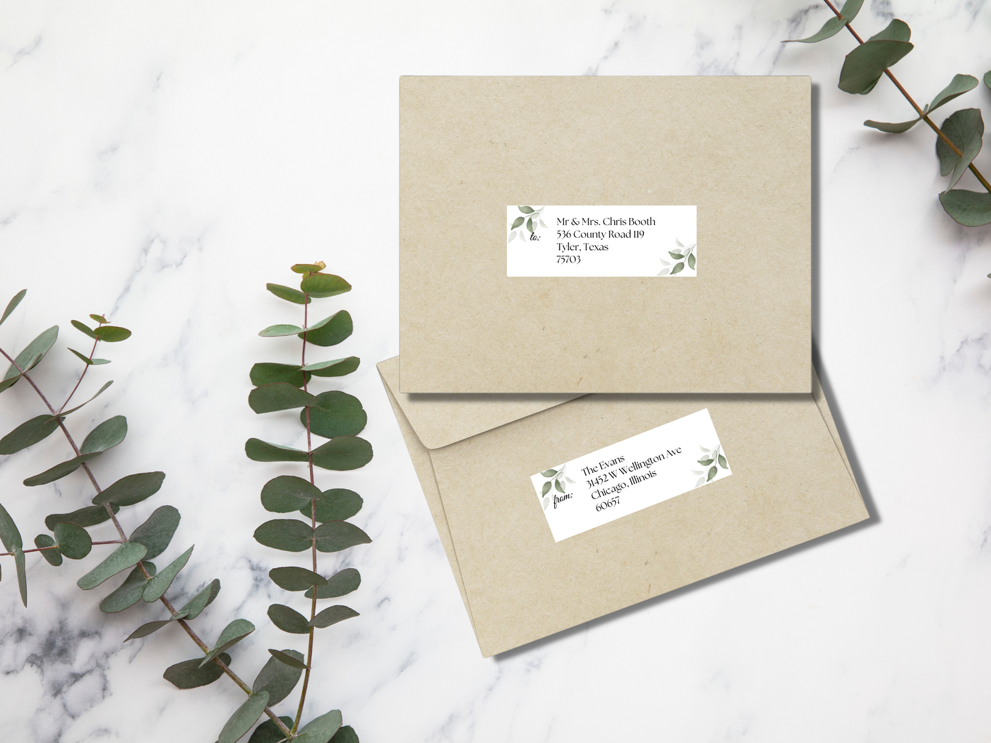 Watercolor Greenery Leaves Wedding Envelope Address Label Templates, Printable Templates
