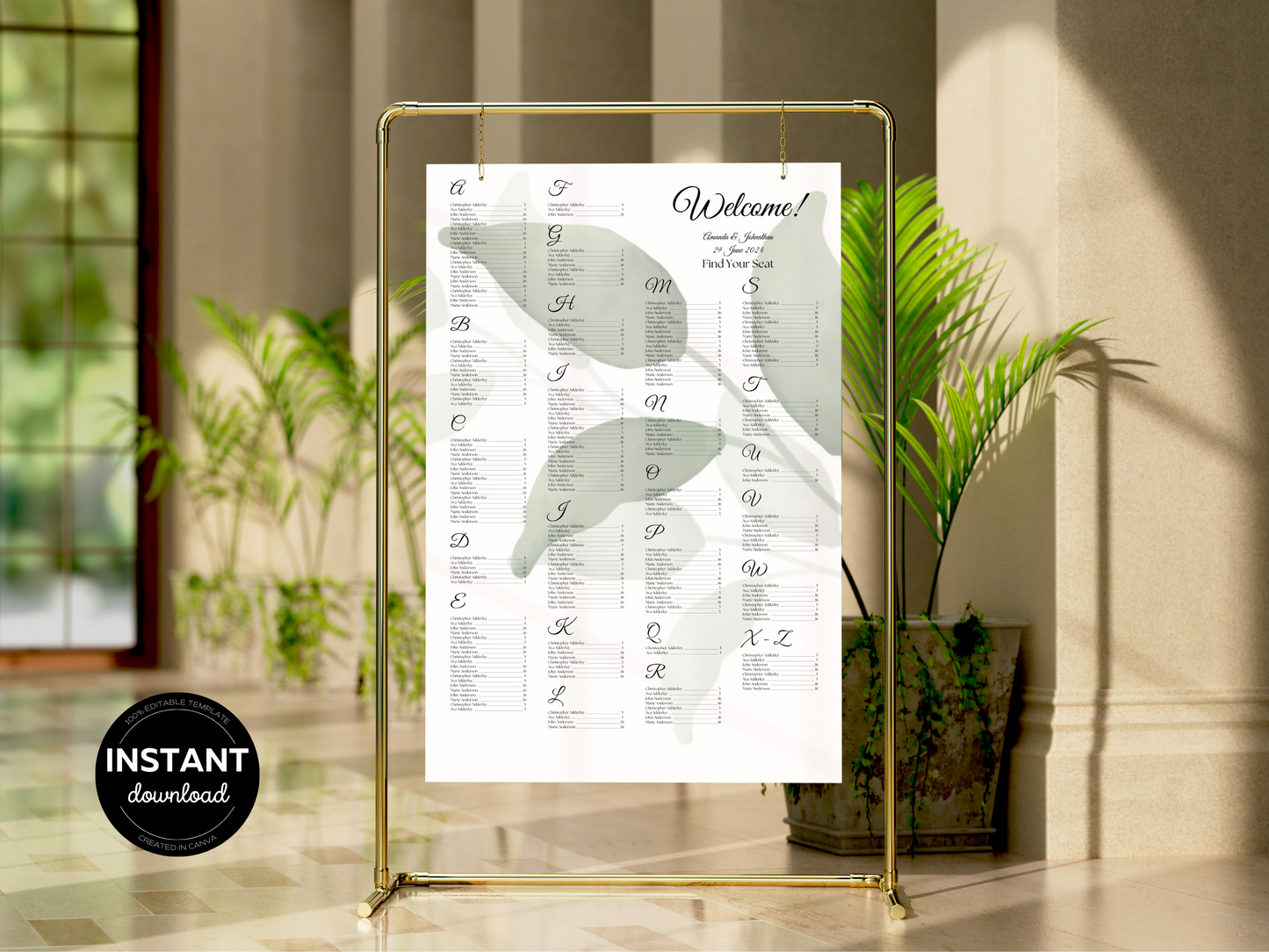 Watercolor Greenery Leaves Wedding Alphabetical Seating Chart Templates, Printable Templates