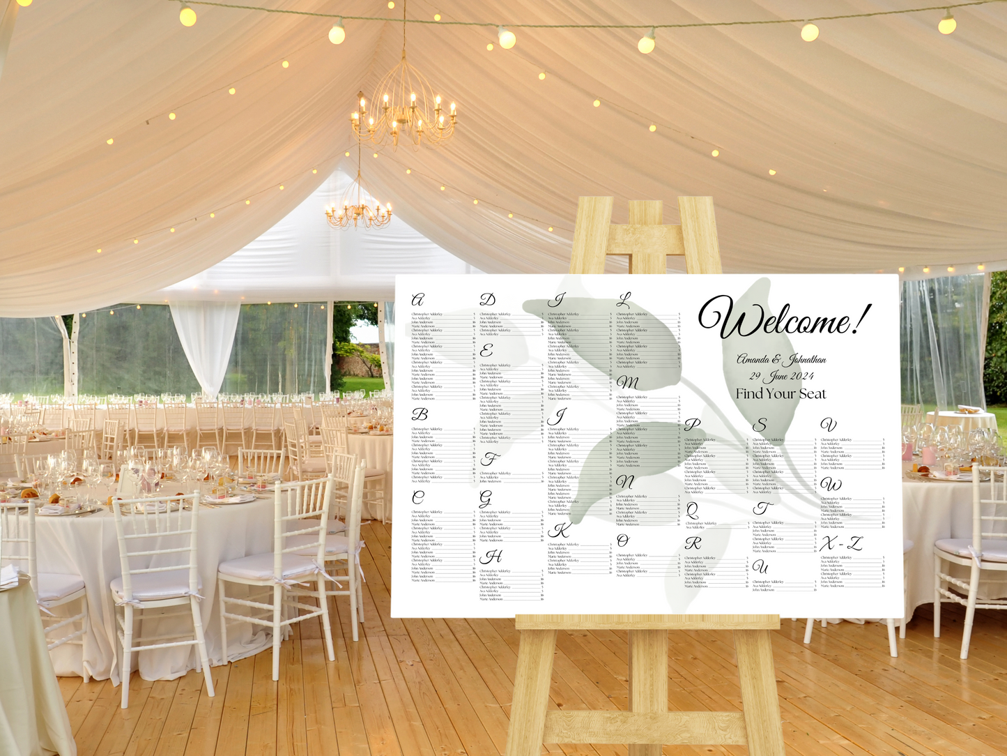 Watercolor Greenery Leaves Wedding Alphabetical Seating Chart Templates, Printable Templates