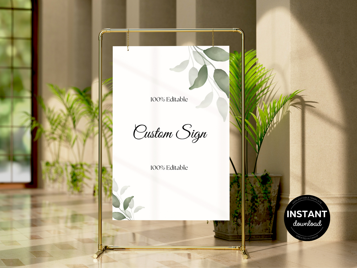 Watercolor Greenery Leaves Wedding Custom Sign Templates, Printable Templates