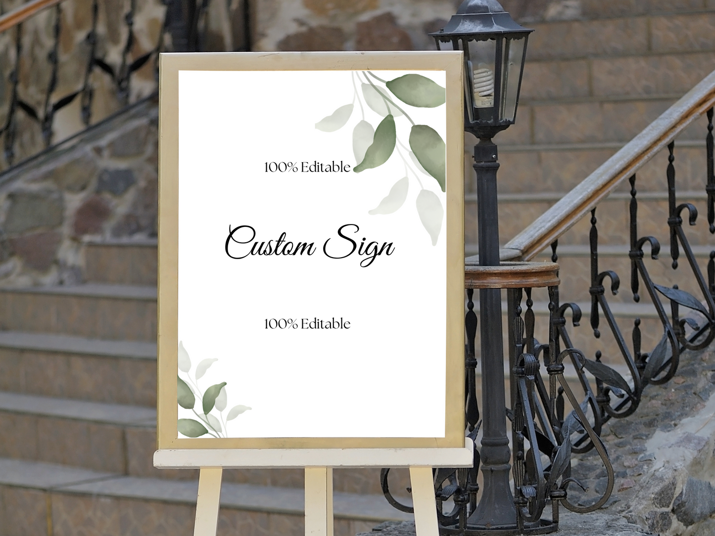 Watercolor Greenery Leaves Wedding Sign Template Bundle, Printable Templates