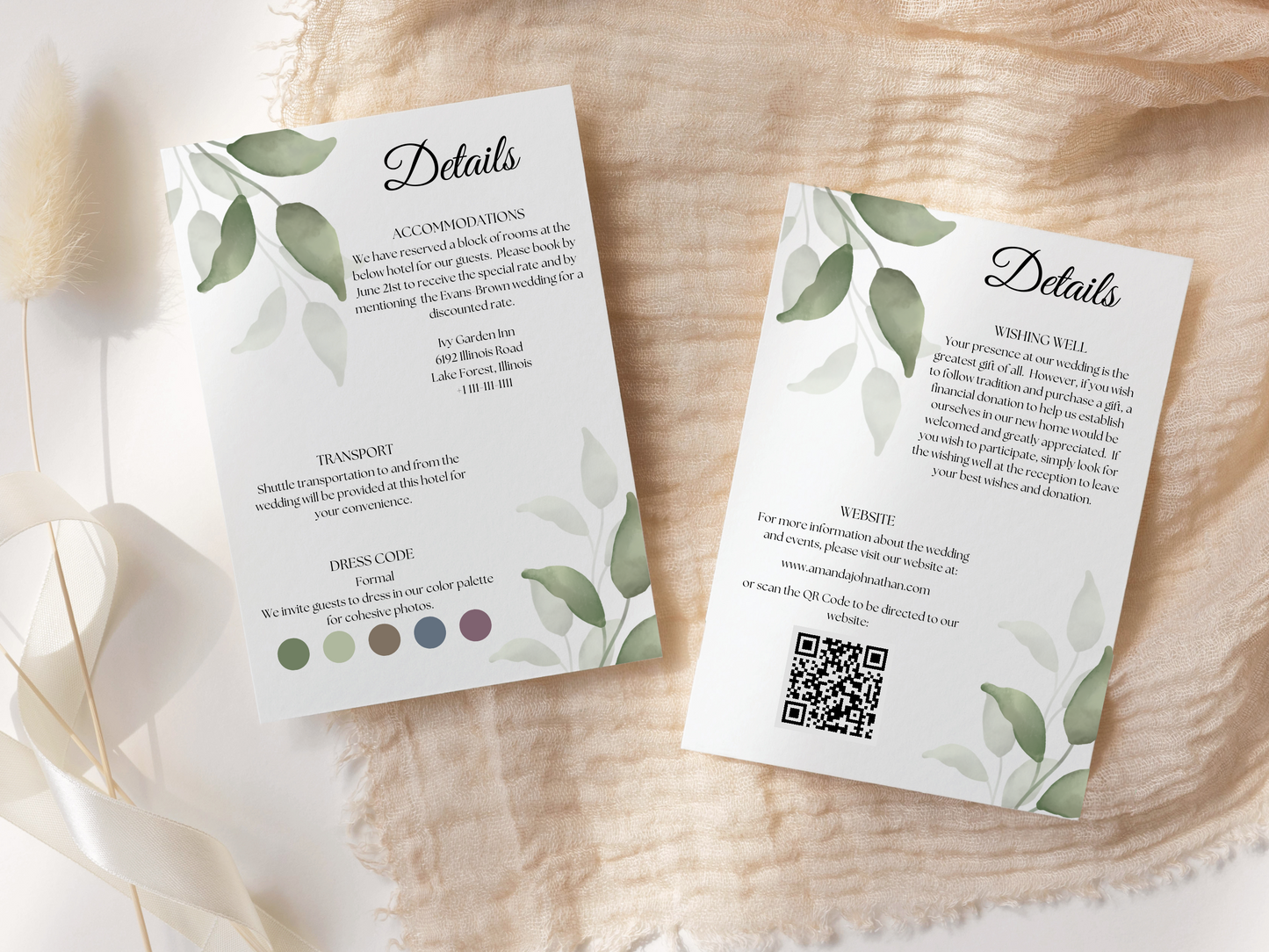 Watercolor Greenery Leaves Wedding Invitation & Insert Card Templates Bundle, Printable Templates