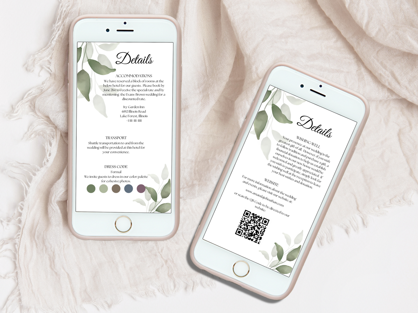 Watercolor Greenery Leaves Wedding Invitation & Insert Cards Template Bundle, Printable & Digital Templates