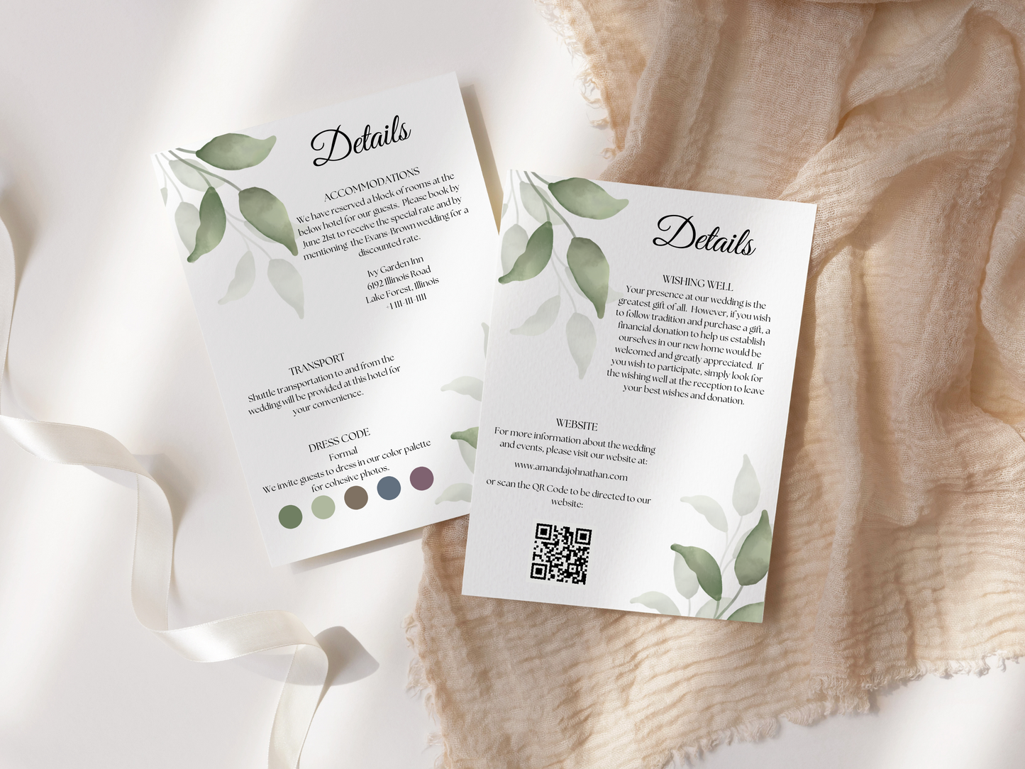 Watercolor Greenery Leaves Wedding Invitation Suite with Envelope Decorative Templates, Printable Templates