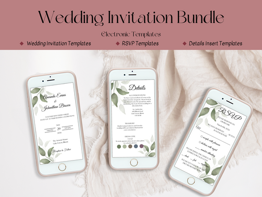 Watercolor Greenery Leaves Wedding Evite Template Bundle, Digital Templates