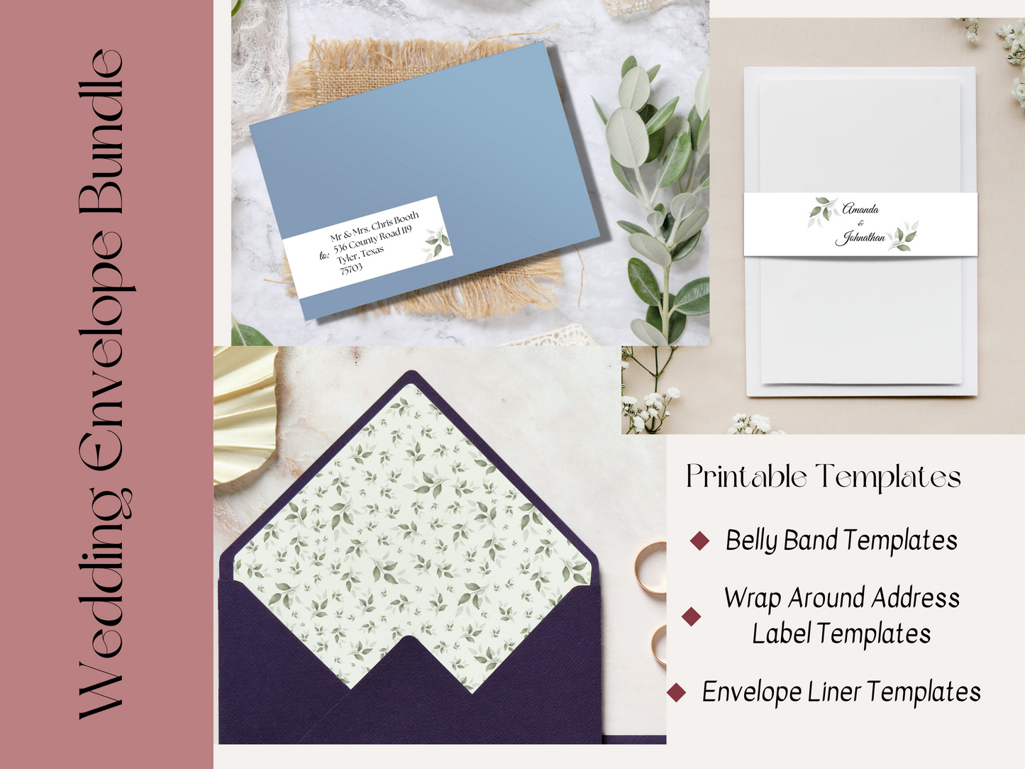 Watercolor Greenery Leaves Wedding Envelope Decoration Template Bundle, Printable Templates