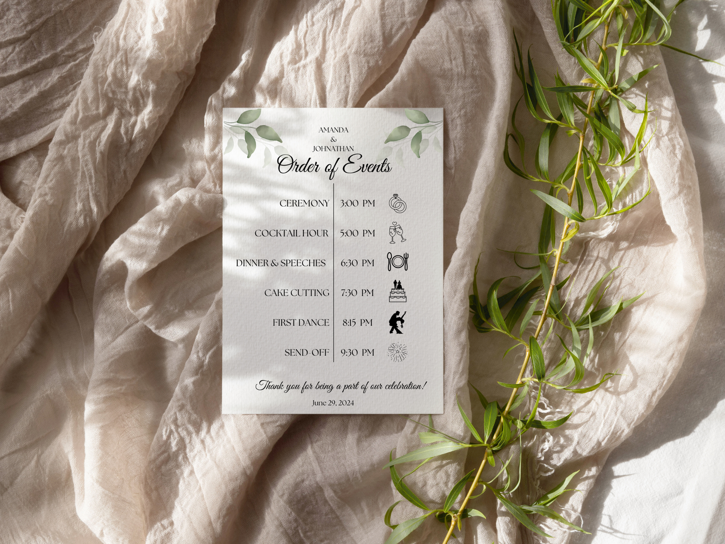 Watercolor Greenery Leaves Wedding Order of Event Templates, Printable Templates