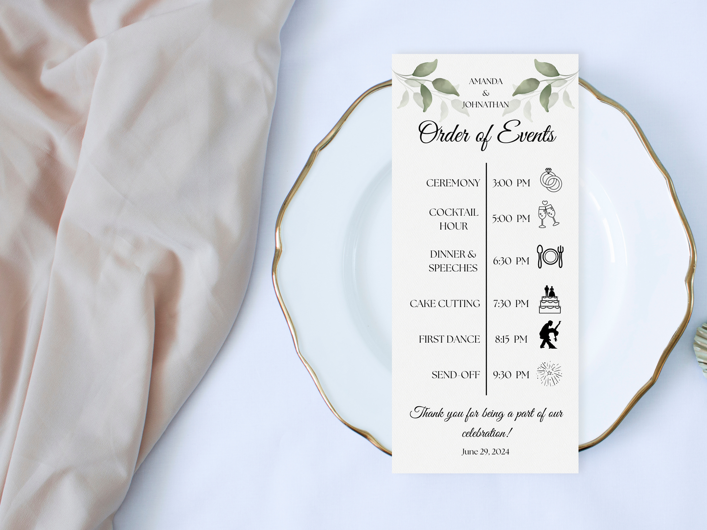 Watercolor Greenery Leaves Wedding Order of Event Templates, Printable Templates