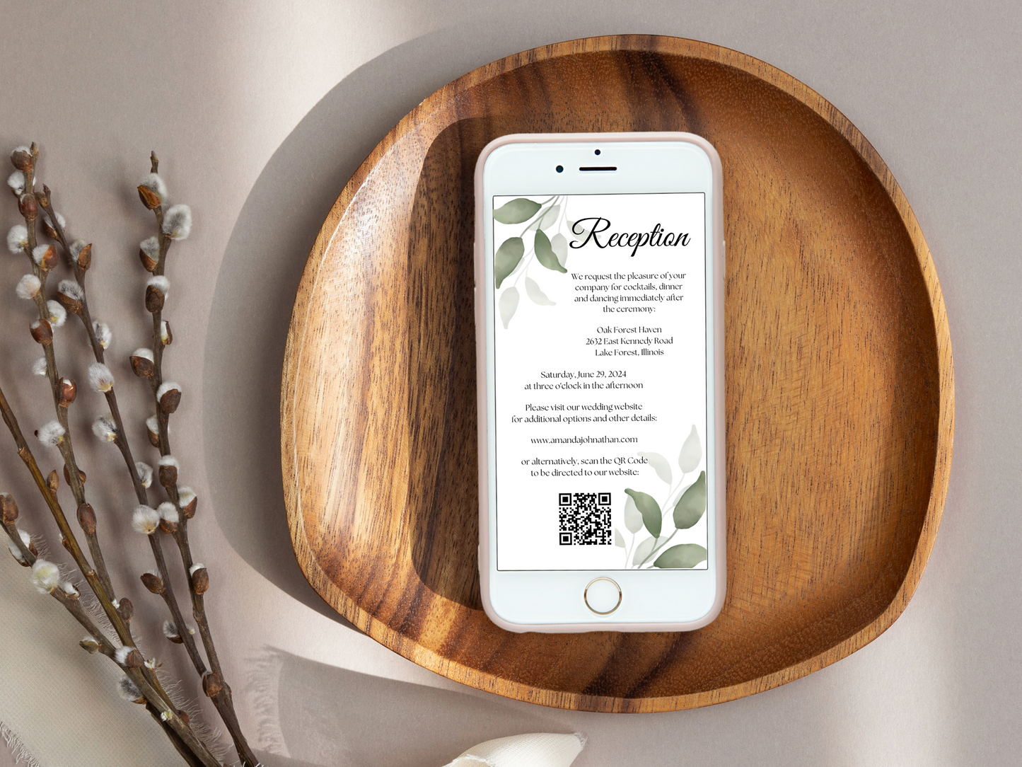Watercolor Greenery Leaves Wedding Reception Invitation Templates, Printable & Digital Templates