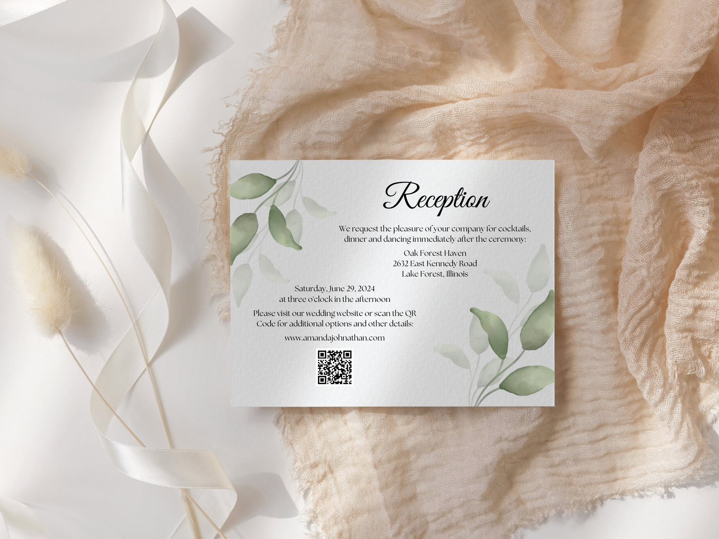 Watercolor Greenery Leaves Wedding Reception Invitation Templates, Printable & Digital Templates