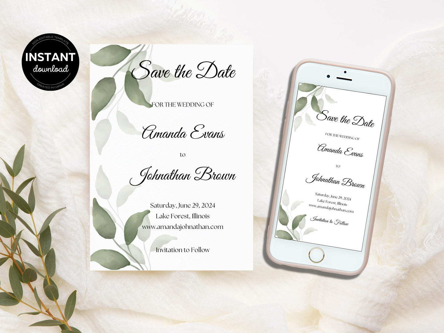 Watercolor Greenery Leaves Save the Date Templates, Printable & Digital Templates