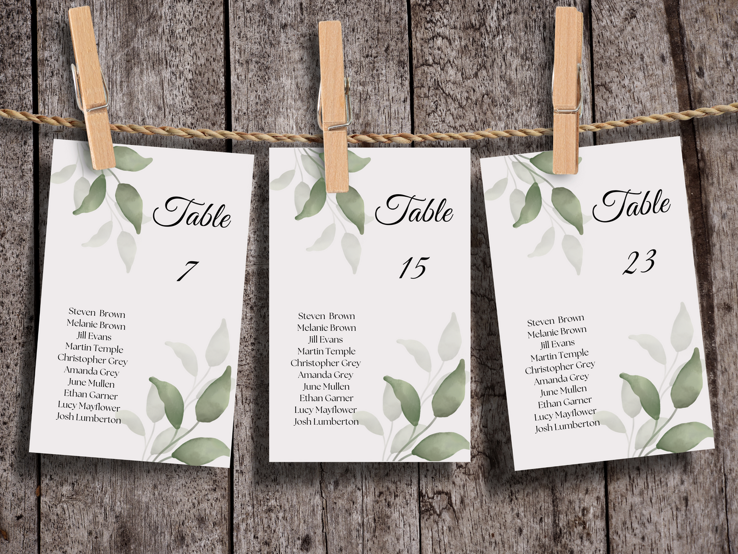 Watercolor Greenery Leaves Wedding Seating Chart Card Templates, Printable Templates