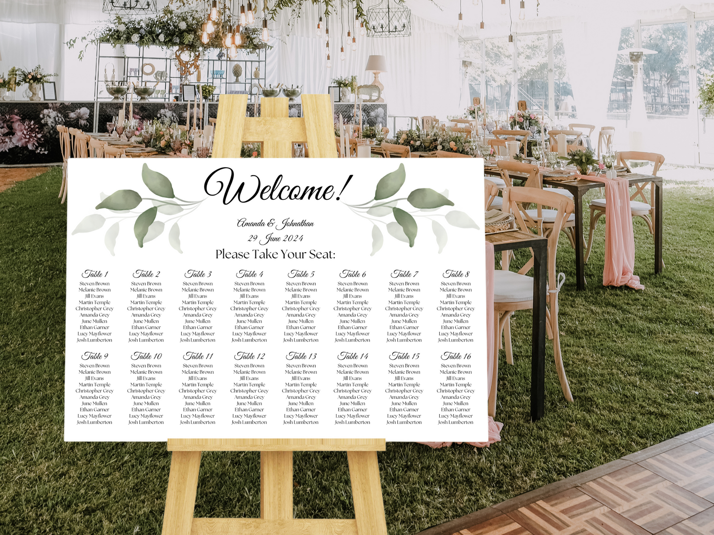 Watercolor Greenery Leaves Wedding Seating Chart Templates, Printable Templates