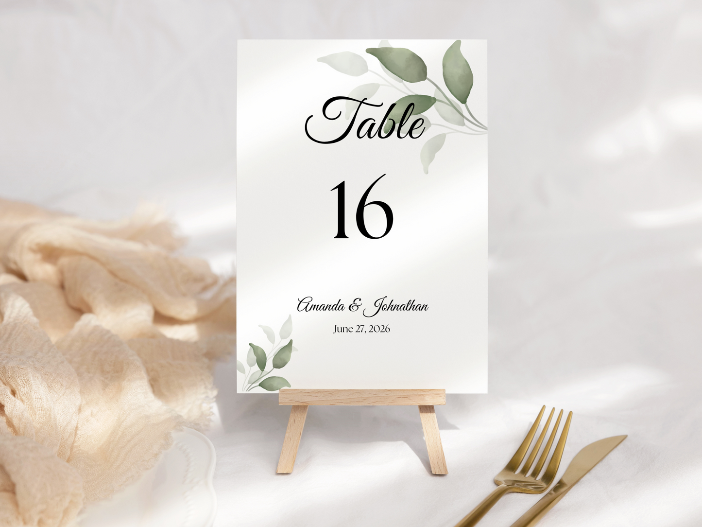 Watercolor Greenery Leaves Wedding Table Number Templates, Printable Templates