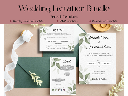 Watercolor Greenery Leaves Wedding Invitation & Insert Card Templates Bundle, Printable Templates