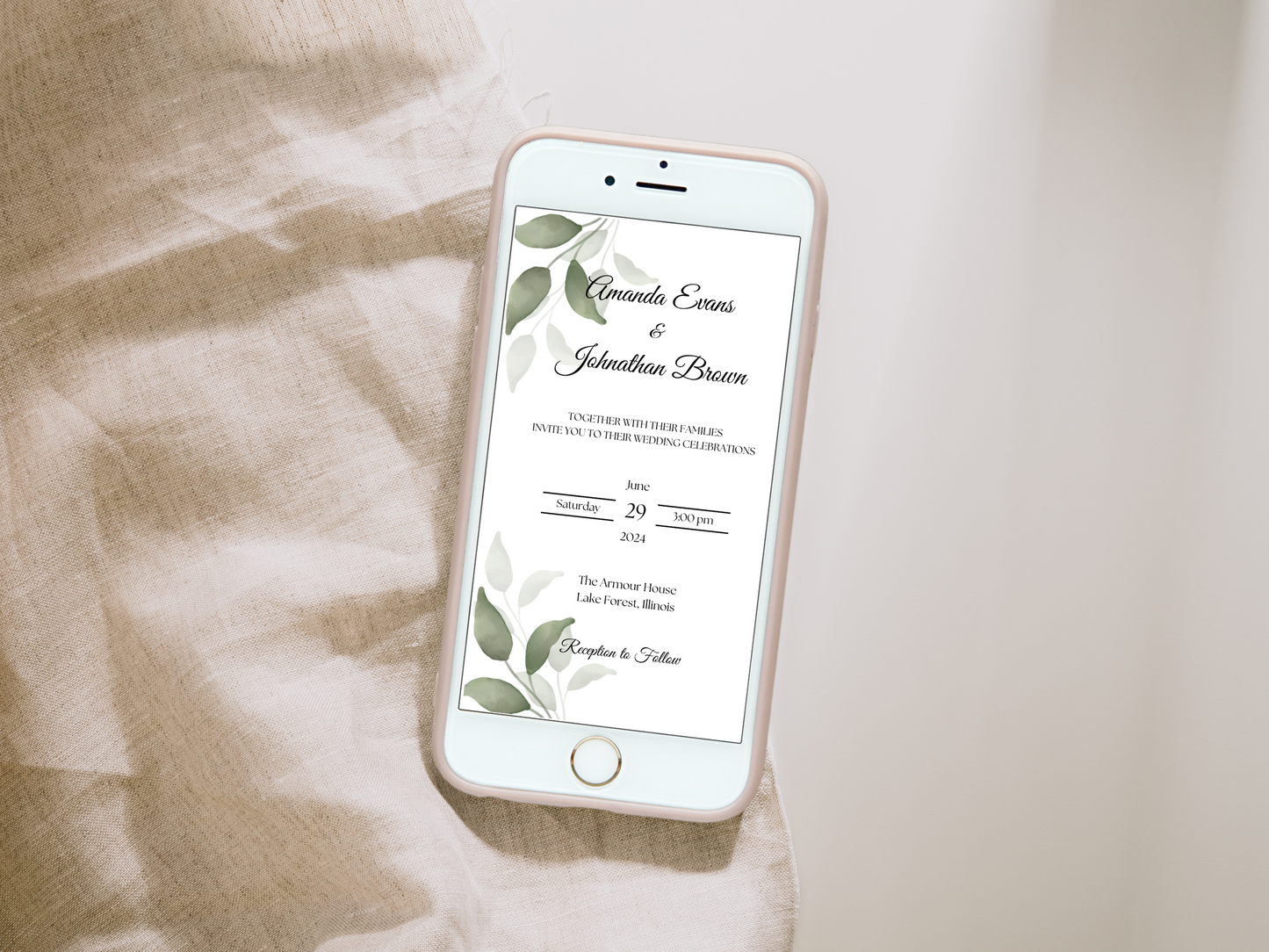 Watercolor Greenery Leaves Wedding Evite Template Bundle, Digital Templates