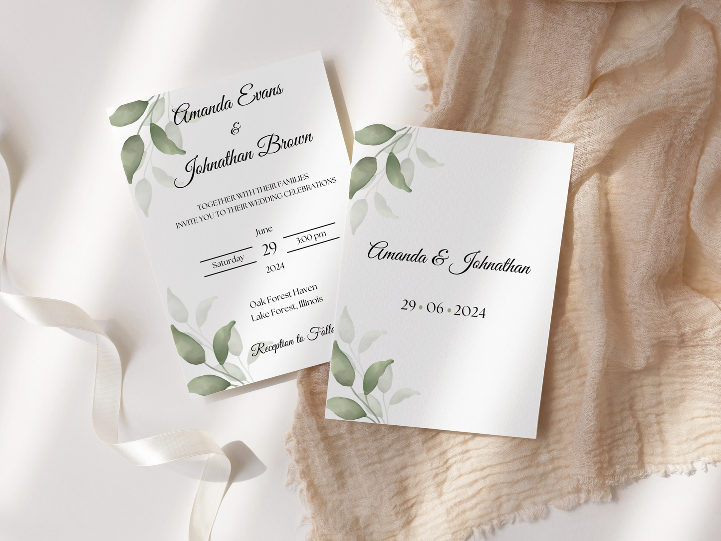 Watercolor Greenery Leaves Wedding Invitation Suite with Envelope Decorative Templates, Printable Templates