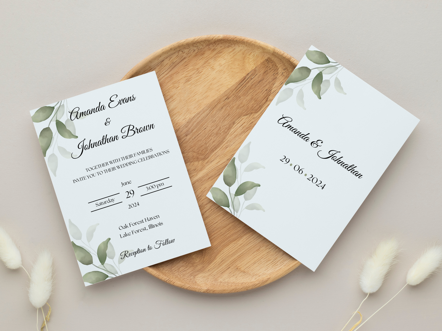Watercolor Greenery Leaves Wedding Invitation Templates, Printable & Digital Templates