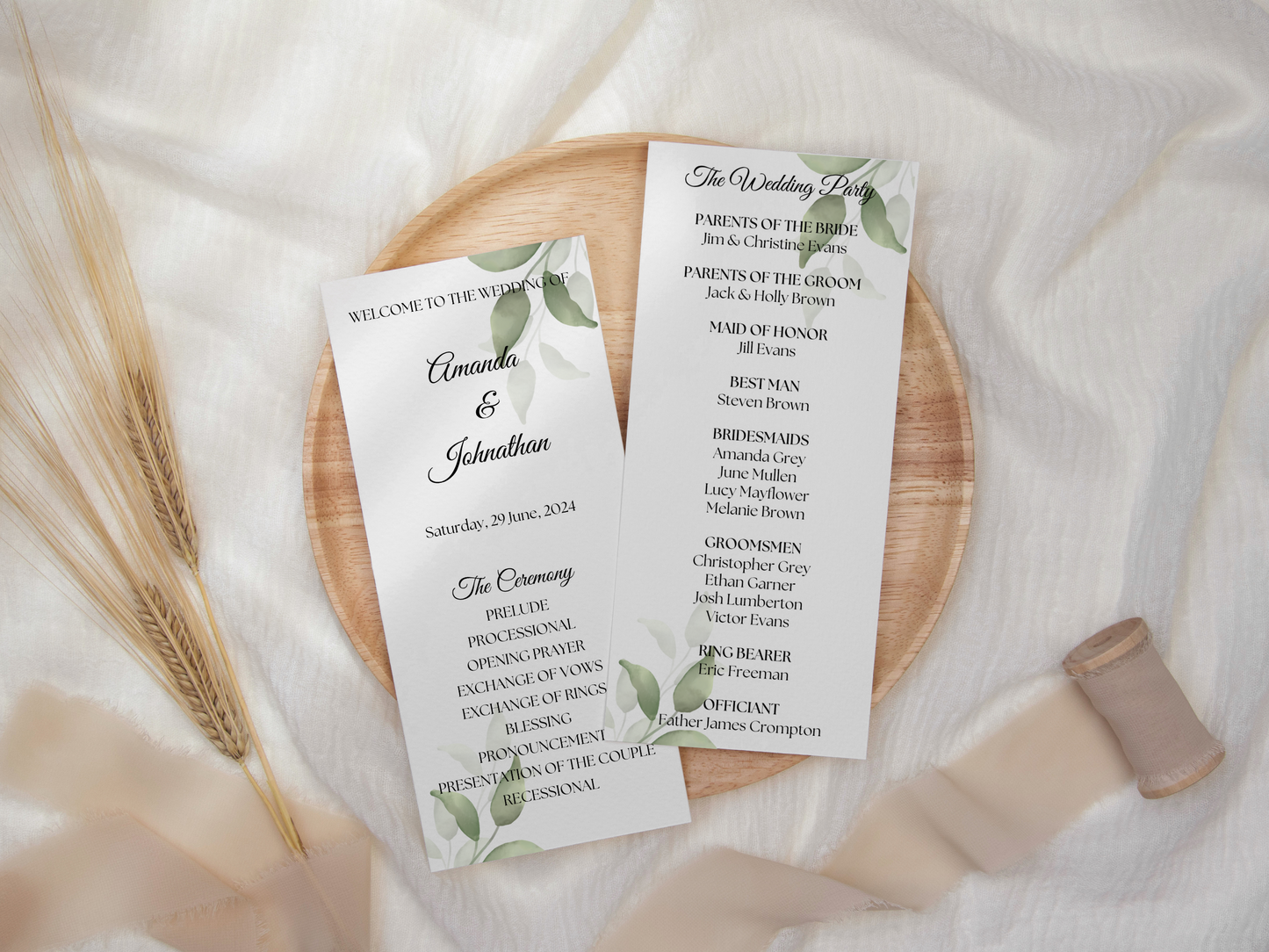 Watercolor Greenery Leaves Wedding Program Templates, Printable Templates