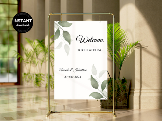 Watercolor Greenery Leaves Wedding Welcome Sign Templates, Printable Templates