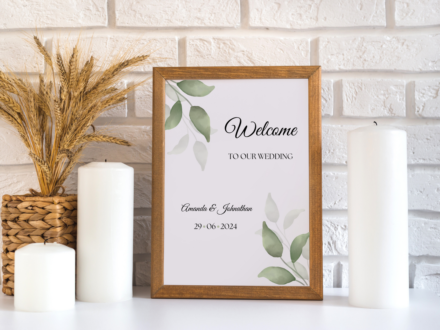 Watercolor Greenery Leaves Wedding Sign Template Bundle, Printable Templates