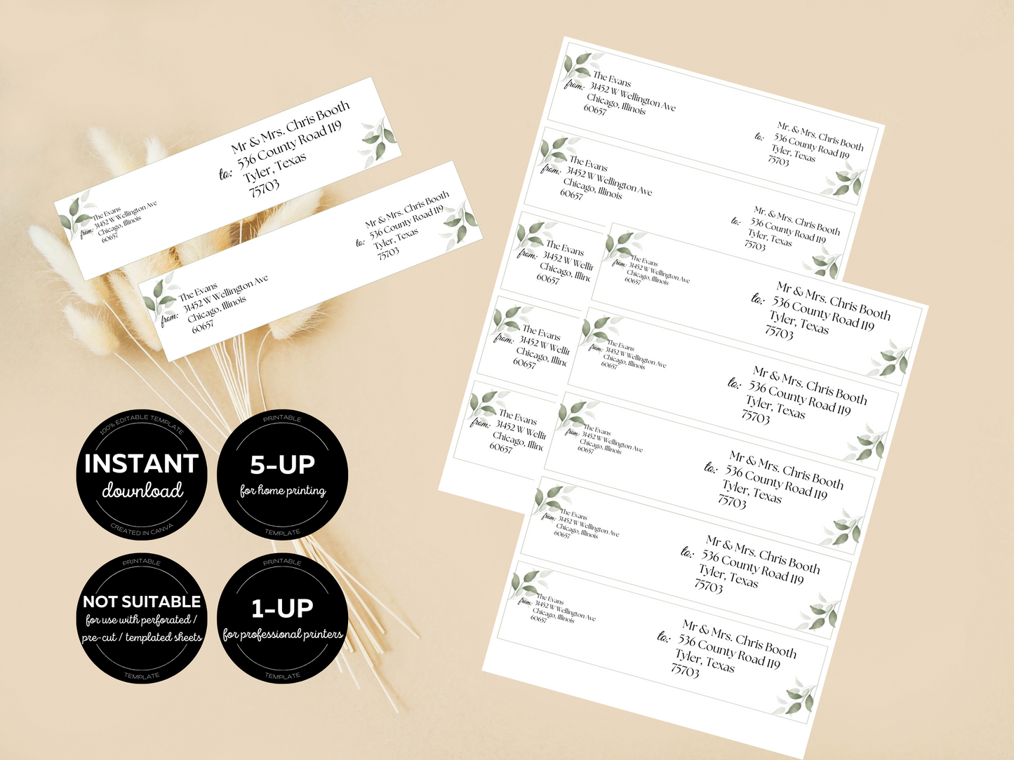 Watercolor Greenery Leaves Wedding Wrap Around Address Label Templates, Printable Templates