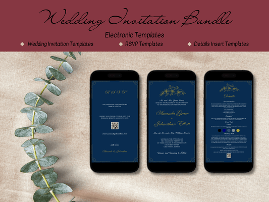 Elegant Blue and Gold Wedding Evite & Insert Cards Template Bundle, Digital Templates