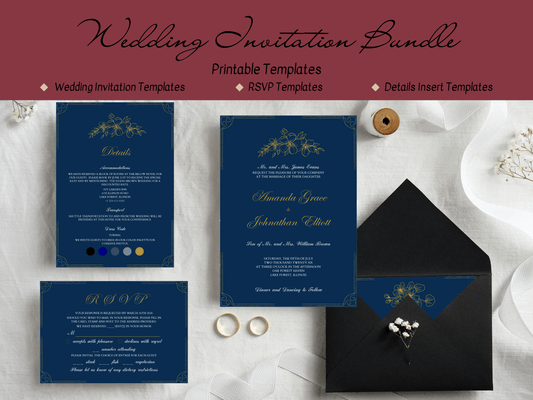 Elegant Blue and Gold Wedding Invitation & Insert Cards Template Bundle, Printable Templates