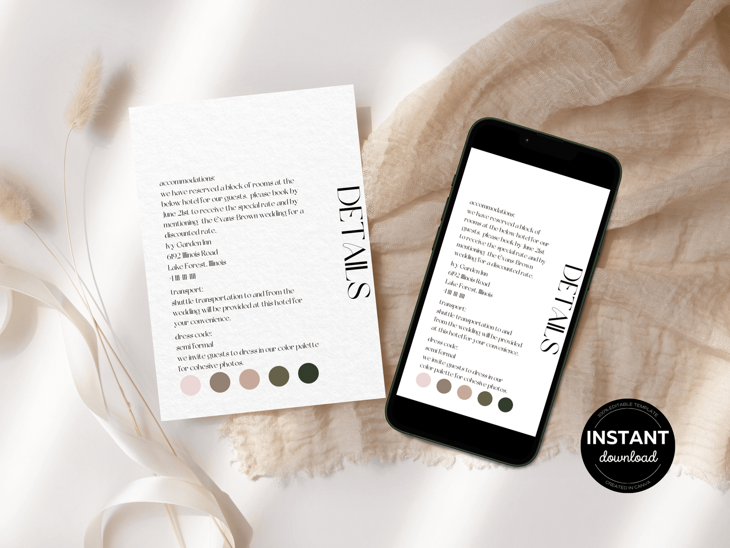 Modern Minimalist Wedding Details Insert Templates, Printable & Digital Templates