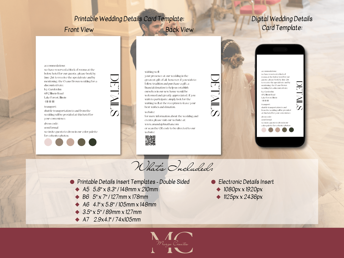 Modern Minimalist Wedding Details Insert Templates, Printable & Digital Templates