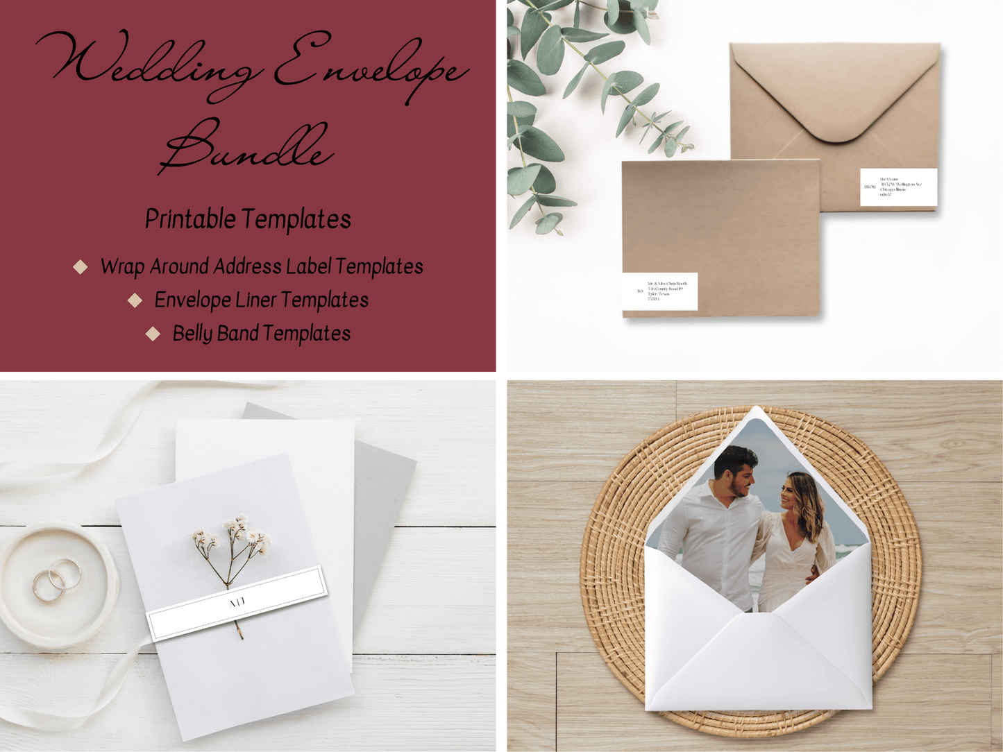 Modern Minimalist Photo Wedding Envelope Decoration Template Bundle, (WA), Printable Templates