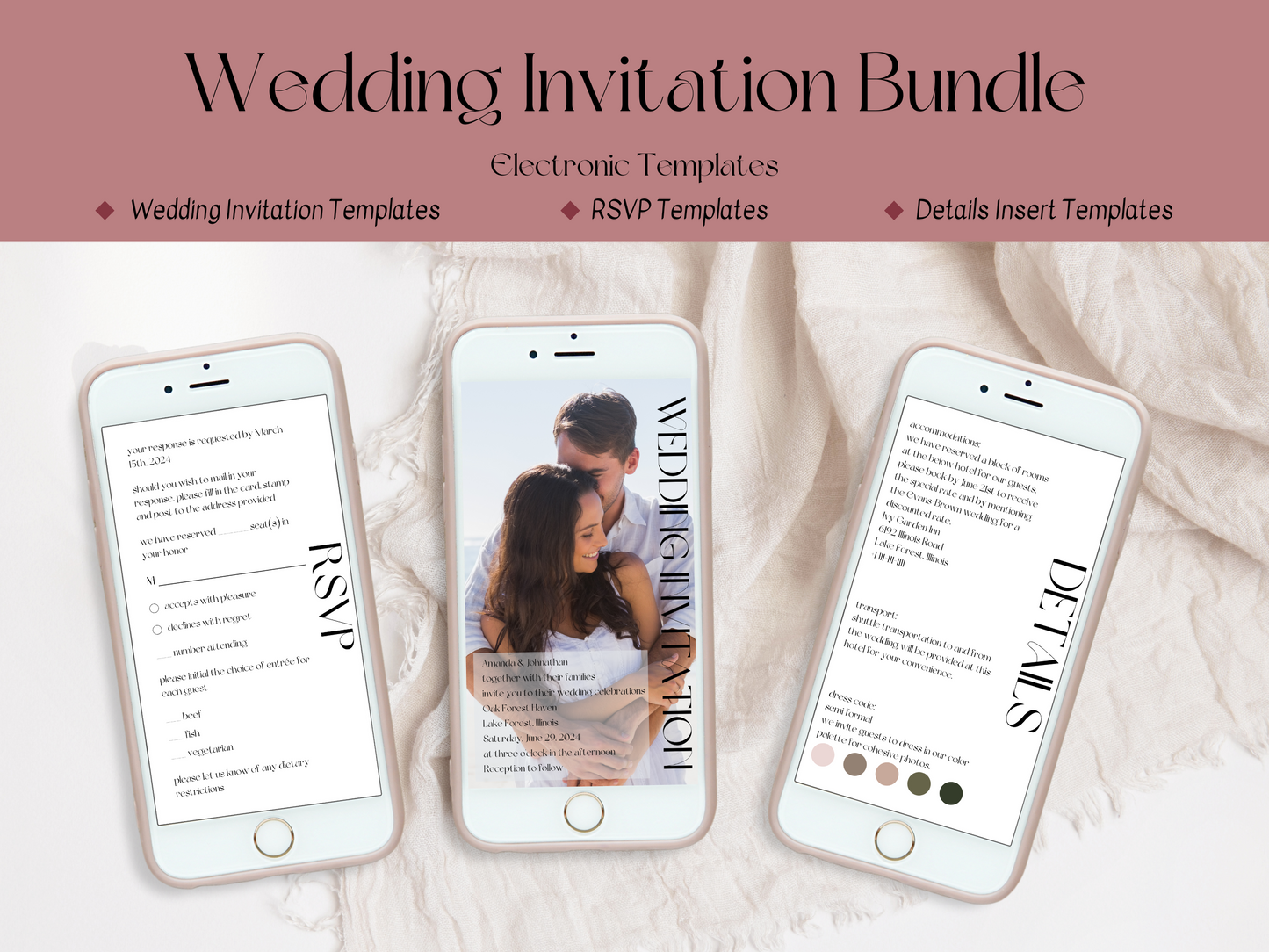 Modern Minimalist Photo Wedding Evite & Insert Cards Template Bundle, Digital Templates